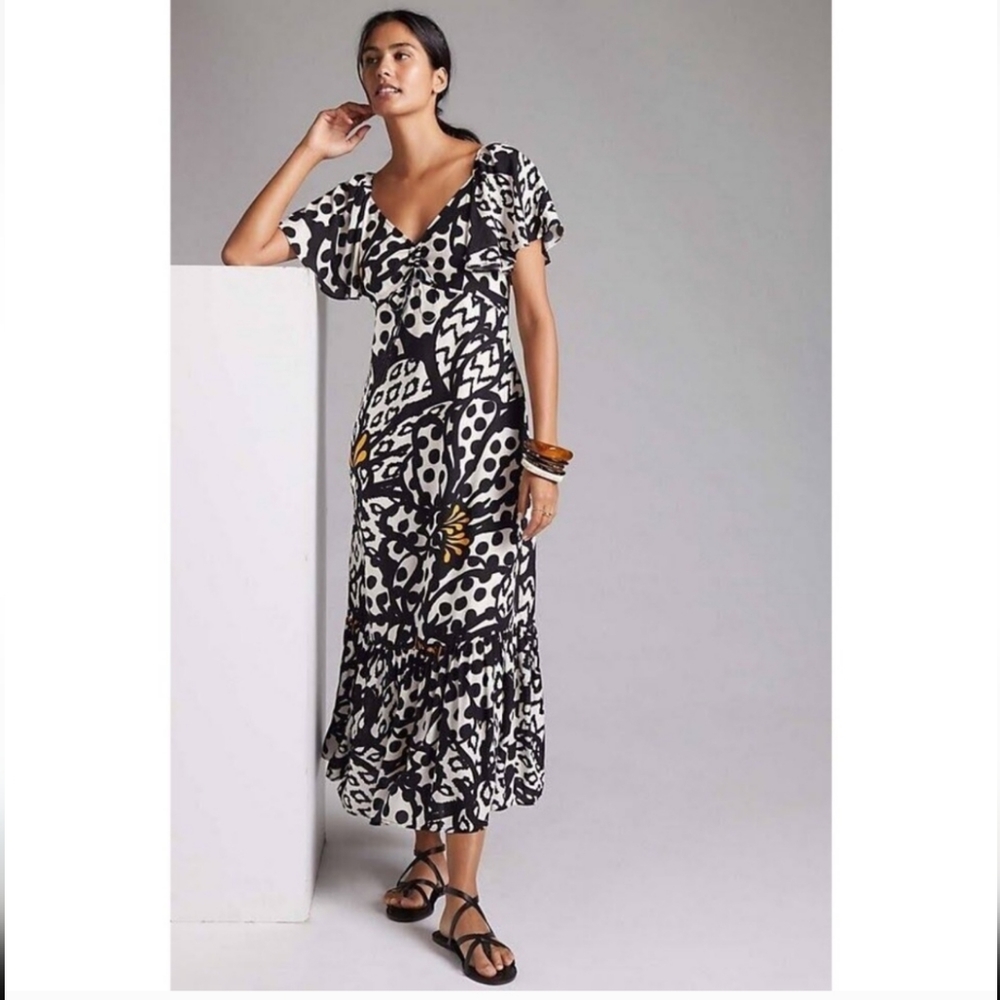 FARM Rio Black & White Floral Maxi Dress with Yellow Accents